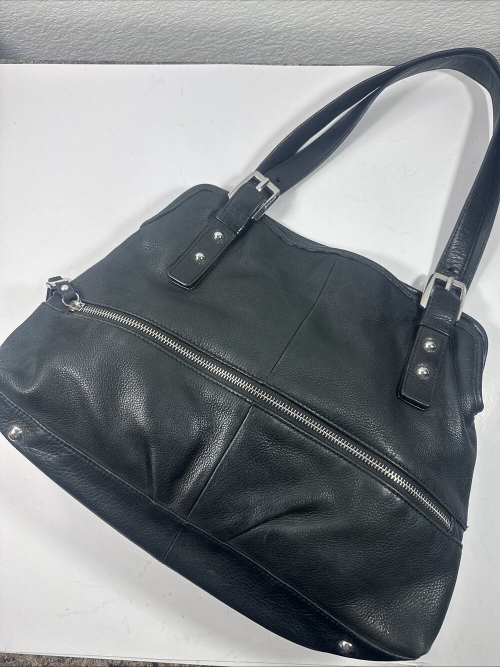 B Makowsky Large Hobo Bag Black Genuine Leather 2 Strap Silver Zipper Studs Moto
